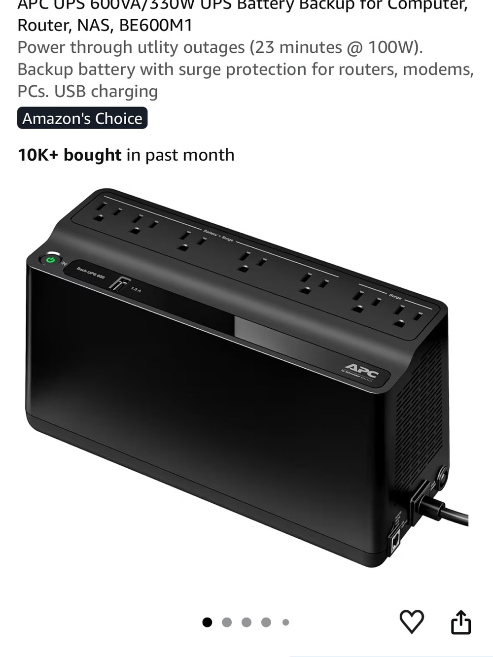 A.P.C. Black Desktop UPS with Multiple Outlets and USB Charging